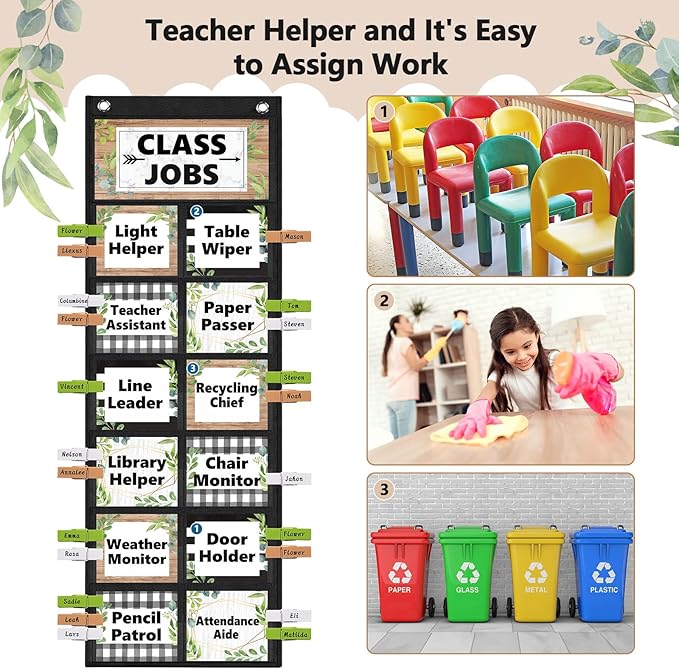 Pasimy Plant Class Jobs Pocket Chart Class Helpers Pocket Chart Classroom Jobs Cards with Clips and Hooks Teacher's Helper Bulletin Board Set for Back to School Classroom Teacher Supplies
