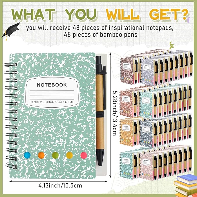 Dunzoom 24 Sets Spiral Notebook Bulk, Steno Pads Lined Notepad with Pen, Sticky Notes Colored Index Tabs, 5.2" x 4.1" Pocket Notebook for Home Business Office Supplies, 60 Sheets (Macaron)
