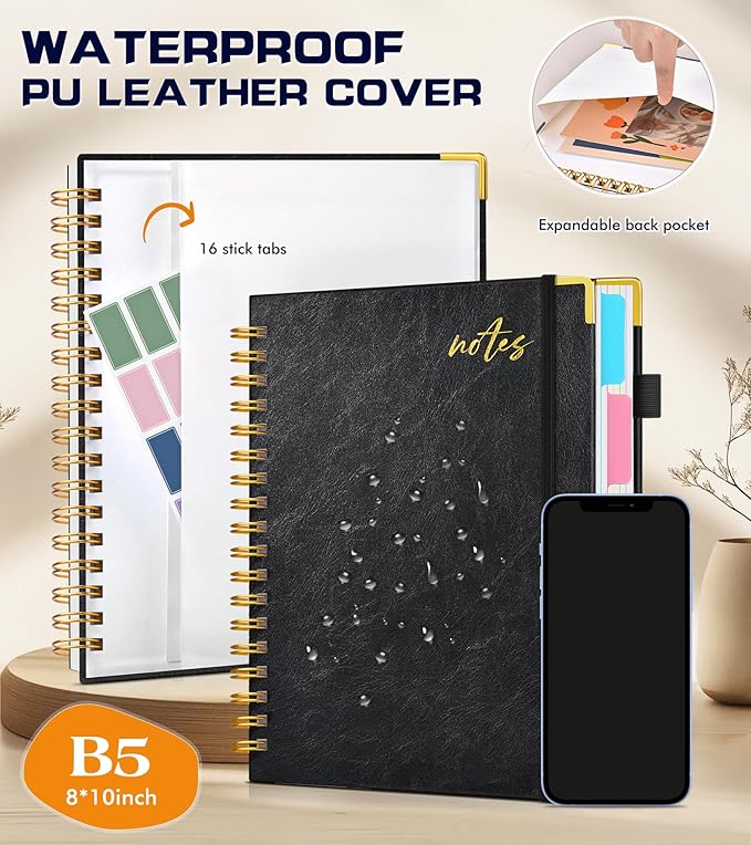 5 Subject Spiral Notebook Journal with Removable Dividers Tabs, 300 Pages Organizer Notebooks for Work School, 8"x10" Hardcover Leather Notebook College Ruled, Large Lined Journal for Women Men,Black