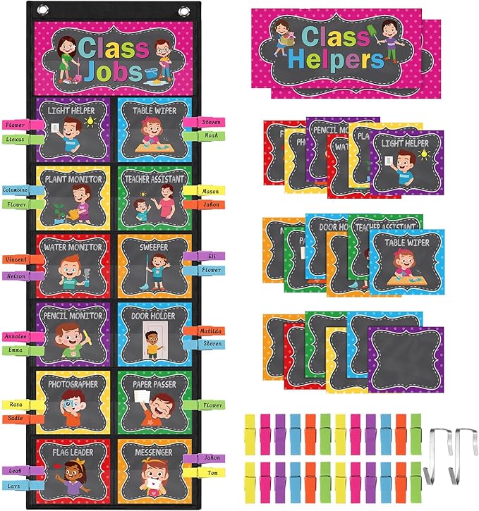 Pasimy Class Jobs Pocket Chart Class Helpers Pocket Chart Classroom Jobs Cards with Clips and Hooks Teacher Helper Bulletin Board Set for Back to School Classroom Teacher Supplies(Chalkboard Bright)