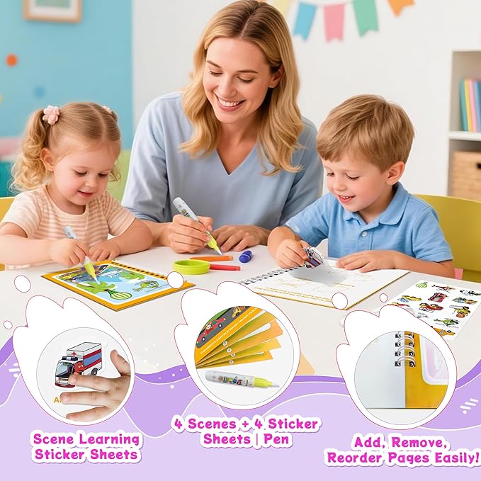 Reusable Water Coloring Books for Toddlers 1-3 with 18+ Stickers & No-Mess Pen, Traffic Theme Water Coloring Books for Toddlers 1-3, Magic Paintless Painting Book for Toddler, Paintless Painting Book
