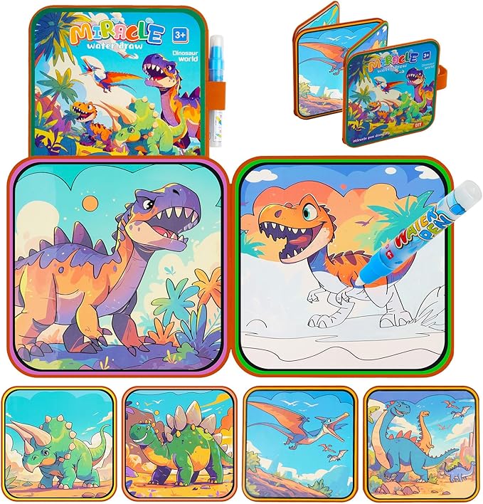 Dinosaur Water Coloring Book Toy for Toddler–Reusable Water Painting Book with Water Pen,Mess Free Coloring Magic Water Book for Kids,Preschool Educational Drawing Travel Toys for Boy/Girl Age 3+