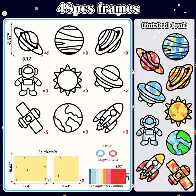 Renbuzhu 48PCS Solar System Space Paper Suncatchers DIY Project Kits, Back to School Window Stained Glass Effect Art Supplies for Party