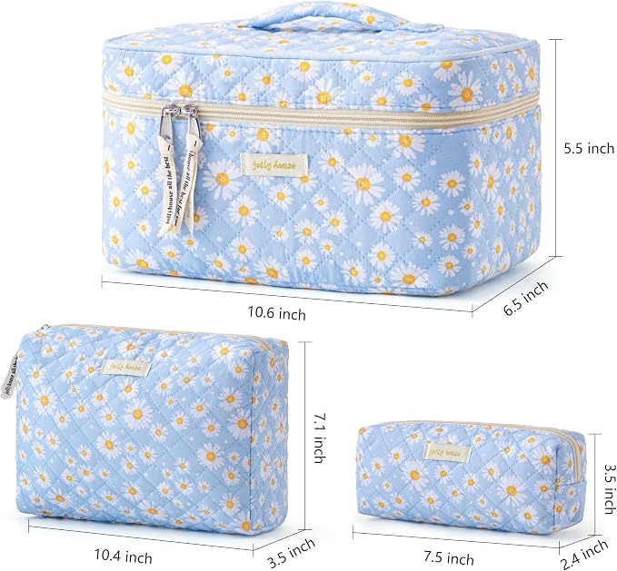 HBselect Quilted Makeup Bag, 3Pcs Cotton Large Travel Makeup Bags Organizer | Cute Floral Make up Bag Cosmetic Bag Toiletry Bag for Women Girls, Makeup Pouch for Skincare, Brushes & Travel Essentials