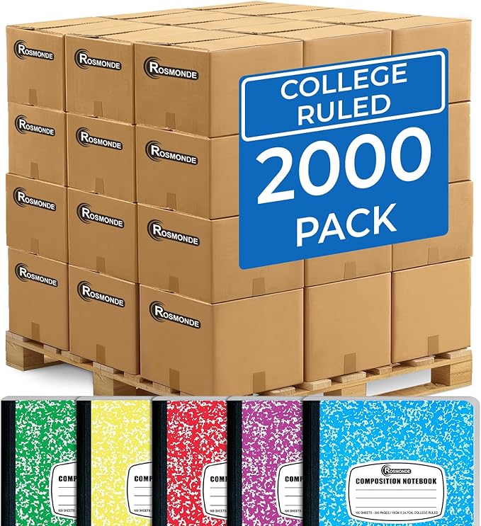 Rosmonde 2000 Pack (Pallet) Composition Notebook Bulk, College Ruled, Full Pallet of Composition Notebooks, 100 Sheets (200 Pages), 9-3/4 x 7-1/2, Bulk Notebooks for School & Office, 4-7 Days Transit