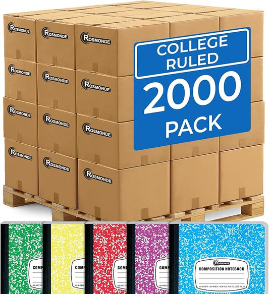 Rosmonde 2000 Pack (Pallet) Composition Notebook Bulk, College Ruled, Full Pallet of Composition Notebooks, 100 Sheets (200 Pages), 9-3/4 x 7-1/2, Bulk Notebooks for School & Office, 4-7 Days Transit