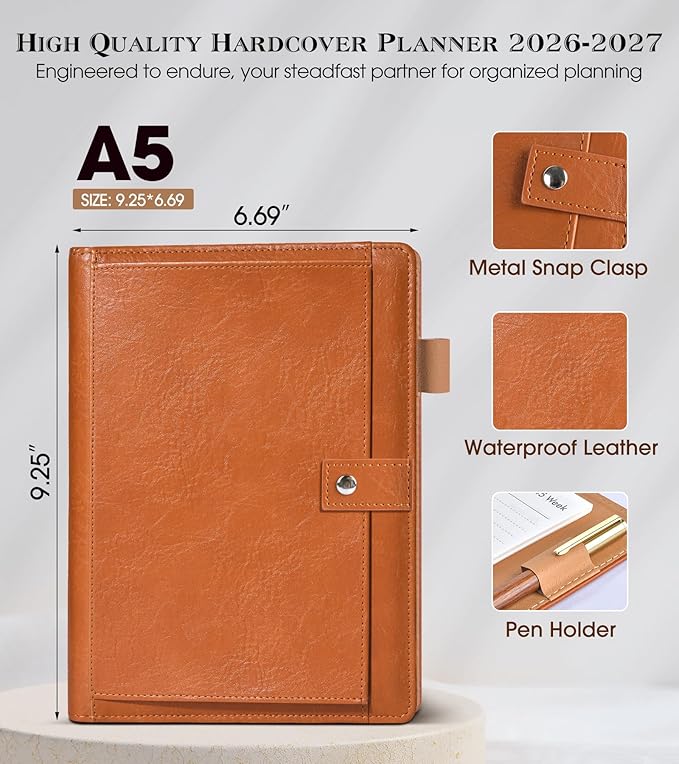 Planner 2026-2027, Academic Weekly and Monthly Calendar Planner from July 2026 - June 2027, Hardcover Leather Daily Agenda Book with Tabs, A5 College School Organizer for Student Teacher, Brown