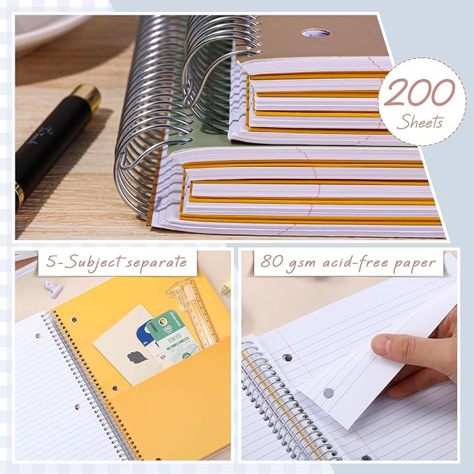 Qilery 6 Pack 5 Subject Notebook College Ruled with Hardcover 200 Sheets Thick Pages 8 x 10.5 Inch Spiral Journal Thick Notebook 3 Hole Assorted Colors Easy Tear Line Office (Vintage Colors)