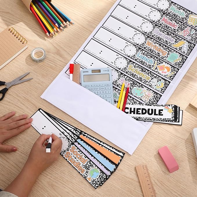 Kolldenn Daily Schedule Pocket Chart, 13+1 Scheduling Pocket Chart with 32 Pieces Reusable Cards Visual Schedule for School Office Home Preschool Activity (Composition)
