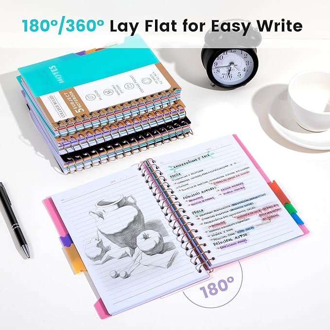 CAGIE Small Spiral Notebooks with Removable Dividers Tabs, 5 Subject Notebook College Ruled, A5 Notebooks for School Work with Plastic Cover, Back Pocket, Spiral Bound, Teal