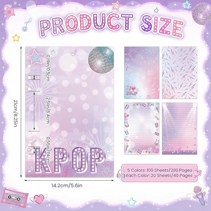 100 Sheets Kpop A5 Planner Inserts - 120GSM Thick Pink Purple Music Refill Paper for A5 6-Ring Binder, 6 Hole Loose Leaf Sheets for K-Pop Fans Journal Diary Notebook Budget Creative Planning