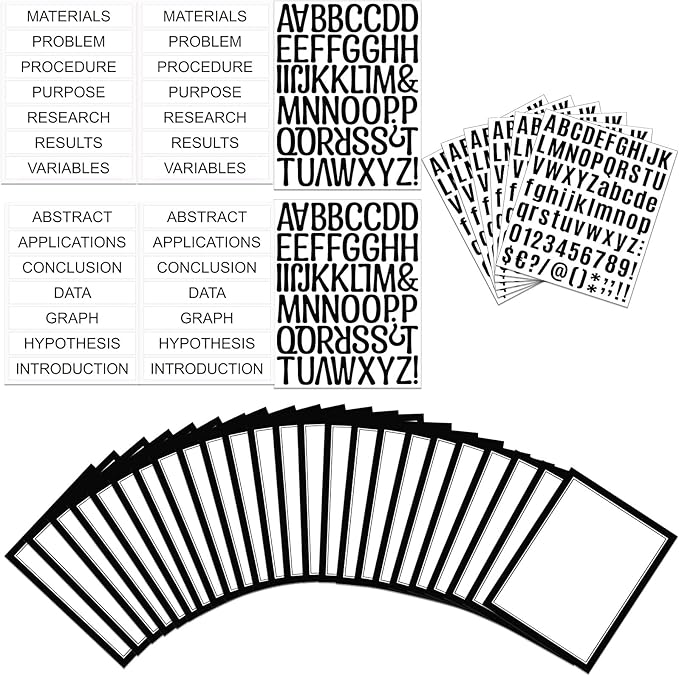 PerKoop 36 Sheets Science Fair Board Poster Boards Supplies 24 Self Adhesive Presentation Subtitles 4 Science Fair Project Titles 8 Personalized Letter Sticker for Classroom(Black)