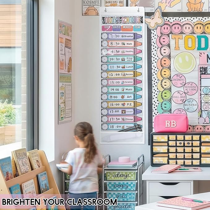 Gueevin Daily Schedule Pocket Chart for Classroom, 15+1 Pockets with 32 Pcs Double-Sided Reusable Cards Daily Schedule Pocket Chart Decor for Classroom School Home Activity Office Supplies(Crayon)
