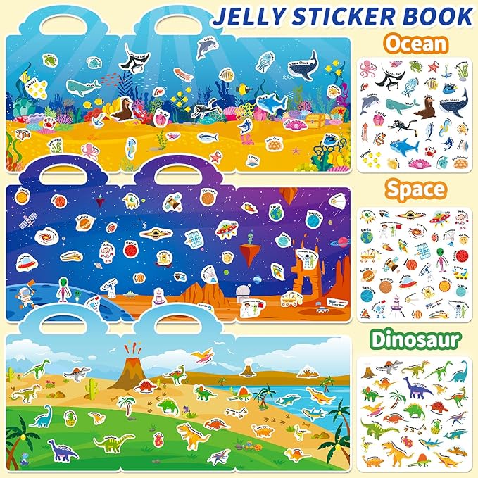 3 Sets Reusable Sticker Book for Toddlers 3-6, Jelly Sticker Books for Toddler, Travel Sticker Activity Toys for Kids 3 4 5 6 Years Old Girls & Boys（Ocean + Space + Dinosaur）