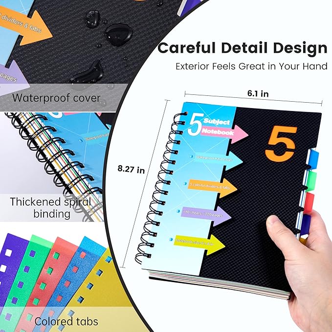CAGIE 5 Subject Notebook, A5 Small Spiral Notebook with Removable Pocket Dividers Tabs, 240 Pages Spiral Note Book College Ruled for School Work Note taking, 6.1 * 8.27in, Balck