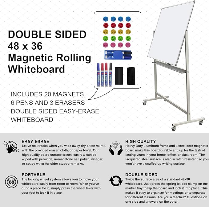 Mobile Whiteboard on Wheels, 48"x36" Double-Sided Magnetic Dry Erase Board - Flipchart Easel for Office, Classroom & Home, Rolling Stand with Easy Flip Feature