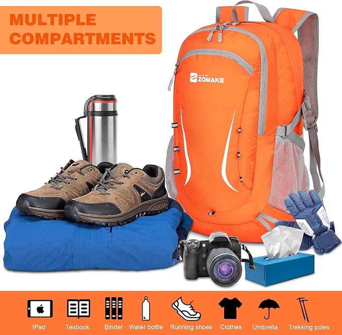 ZOMAKE Lightweight Packable Backpack 35L, Foldable Backpacks Water Resistant Collapsible Light Daypack for Hiking(Orange) | Light Hiking Backpacks Water Resistant Collapsible Day Pack for Travel, Everyday Carry, Multi-Pocket Layout, Heavy Duty Nylon