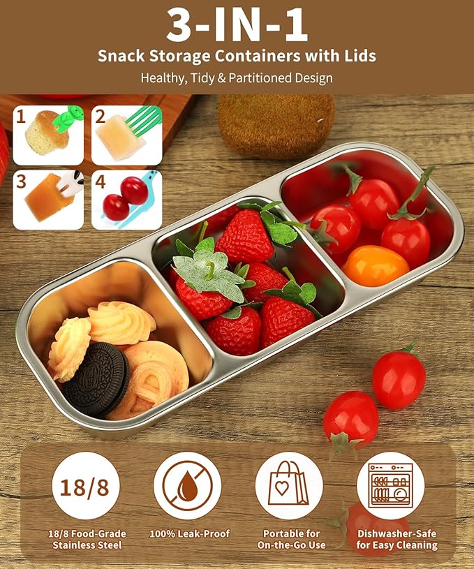 JUJOJB 1 Pack Stainless Steel Snack Containers, Bento Box With Lids,Leak Proof Metal Lunch Box with 3 Compartments,Reusable Lunch Meal Prep Containers for ffice,Work,Travel For Adults Little One