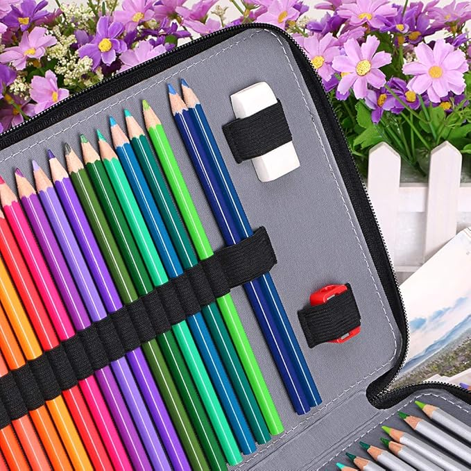 BTSKY 200 Slots Colored Pencil Organizer - Deluxe PU Leather Pencil Case Holder with Removal Handle Strap Pencil Box Large for Colored Pencils Watercolor Pencils (Black)