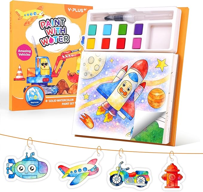 YPLUS Paint with Water Coloring Book for Toddlers, Mess Free Watercolor Painting Set with Brush, 26 Pages & 8 Color Palettes, DIY Art Craft Travel Toy Gift for Kids Ages 1-3 2-4 4-6 (Vehicles)