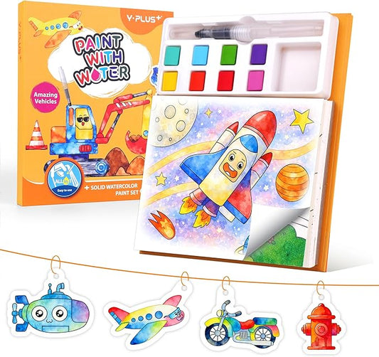 YPLUS Paint with Water Coloring Book for Toddlers, Mess Free Watercolor Painting Set with Brush, 26 Pages & 8 Color Palettes, DIY Art Craft Travel Toy Gift for Kids Ages 1-3 2-4 4-6 (Vehicles)