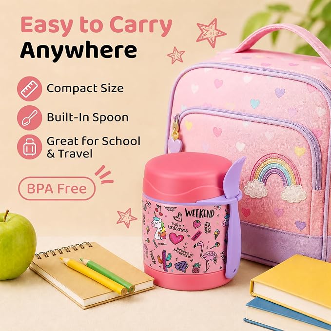 Pawtong 10oz Soup Thermo for Hot Food Kids Insulated Food Jar,Thermo Hot Food Lunch Container, Width Mouth Stainless Steel Lunch Box for Kids with Spoon (Pink-flamingo)