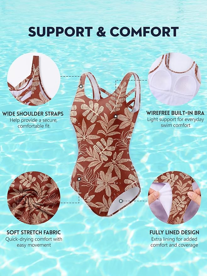 Modest Full Coverage One Piece Swimsuit Floral Bathing Suit Criss Cross Back Swimwear with Built-in Bra
