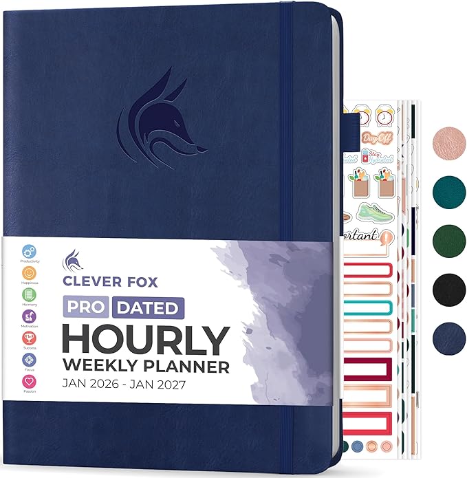 Clever Fox Planner PRO Schedule Dated (Jan 2026–Jan 2027) – Weekly & Monthly Life Planner with Time Slots, Appointment Book and Daily Organizer to Increase Productivity, A4 Hardcover – Dark Blue