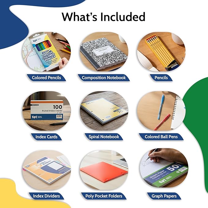 EPI Essentials Bulk Back to School Supplies for Kids – 6th to 8th Grade – 48 Items in Kit – Middle School Supply Packs – Wide-Ruled Bundle with Composition Notebooks – Suitable for Homeschooling