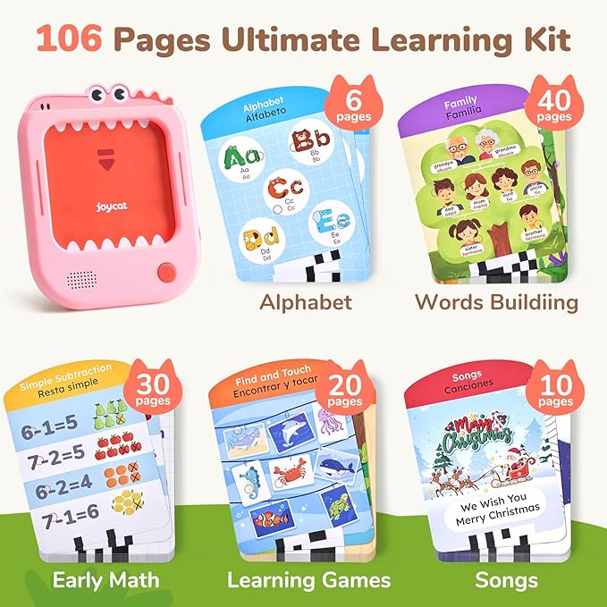 JoyCat Bilingual Kids Learning Tablet, English & Spanish Talking Flash Cards with 106 Pages, 20 Interactive Games, Montessori Learning Toy for Alphabet, Words, Numbers & Songs, Gift for Toddlers 2-6