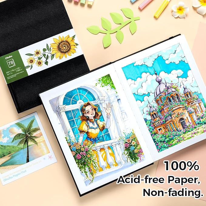 Ohuhu Marker Pads Art Sketchbook, 7"x10" Large Paper Size, 120 lb/200 GSM Drawing Papers, 78 Sheets/156 Pages, Hardcover Sketch Book for Alcohol Markers Christmas Gift