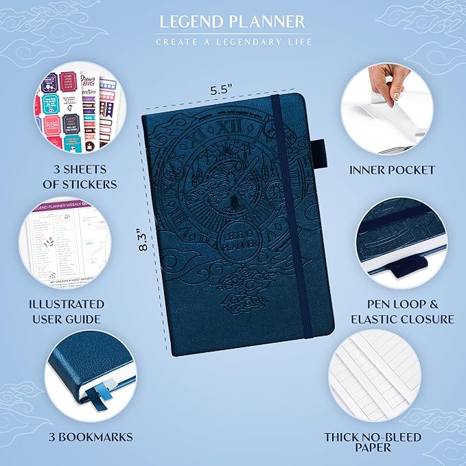 Legend Planner – Undated Weekly & Monthly Life Planner to Hit Your Goals & Live Happier, Organizer Notebook & Productivity Journal, A5 (Mystic Blue)
