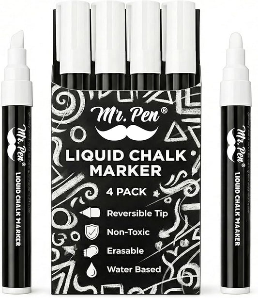 Mr. Pen- Liquid Chalk Marker Pen, 4 Pack, 8x Labels, White Non-Toxic Odorless Chalk Markers, Dual Reversible Chisel & Bullet Tip, Ideal for Non-Porous Chalkboards, Chalkboard Vinyl, Glass & Metal