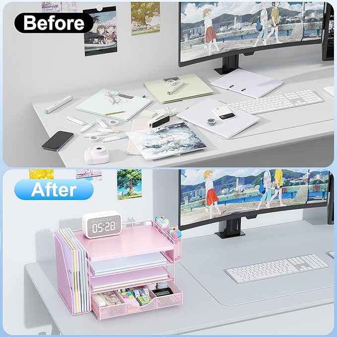 gianotter Wood Desk Organizers and Accessories with File Holder, 4-Tier Desk Accessories & Workspace Organizers with Drawer and 2 Pen Holder, Desk Reference Organizer (Pink, 4T with Metal Drawer)