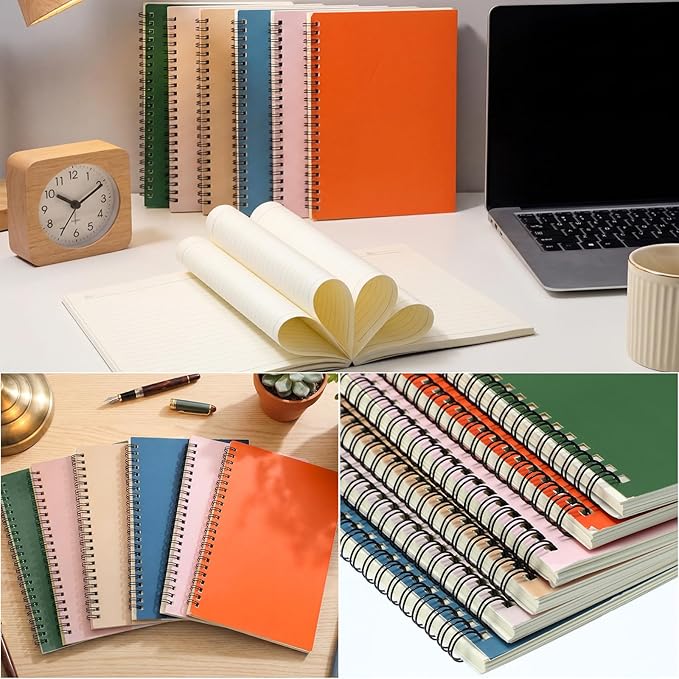 Leelosp 12 Pcs Small Spiral Notebook Lined Spiral Journal College Ruled Notebook Wire Bound Kraft Cover, 120 Pages for Work (Light Colored,5.5 x 8.3 Inch)