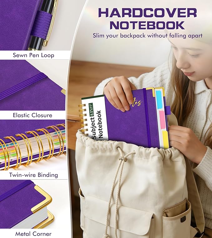 Hardcover Spiral Notebook Journal 8.5" x 11" Leather 5 Subject Notebook with Removable Dividers Tabs, 300 Pages Organizer Notebooks for Work School, College Ruled, Large Lined Journal for Women,Purple