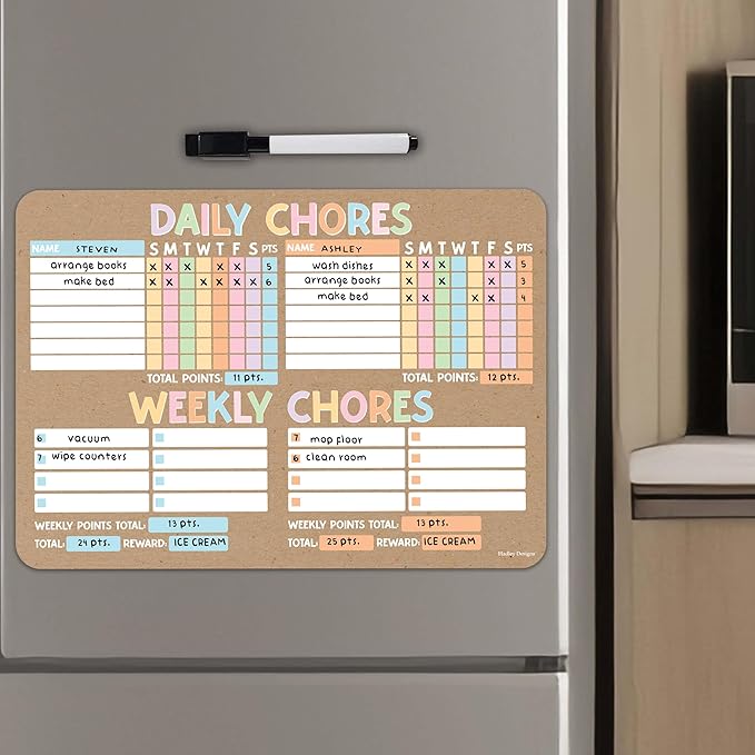 Hadley Designs Magnetic Chore Chart for Kids Multiple - Chores Board for Refrigerator, Dry Erase Task Chart for 2 Kids Daily Behavior, Family Weekly Planner for Teens and Adults, Kraft Chore Board