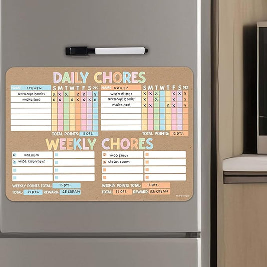 Hadley Designs Magnetic Chore Chart for Kids Multiple - Chores Board for Refrigerator, Dry Erase Task Chart for 2 Kids Daily Behavior, Family Weekly Planner for Teens and Adults, Kraft Chore Board