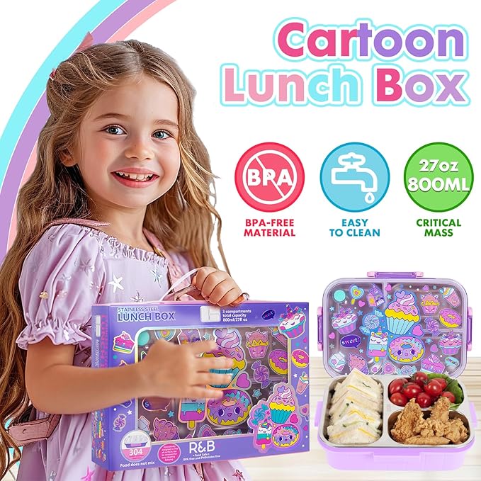 Stainless Steel Bento Lunch Box for Kids, 800ml/27oz BPA-Free Leak-Proof Food Containers with 3 Compartments, Freezer & Dishwasher Safe, Back to School Students Lunches Size for Ages 3-7