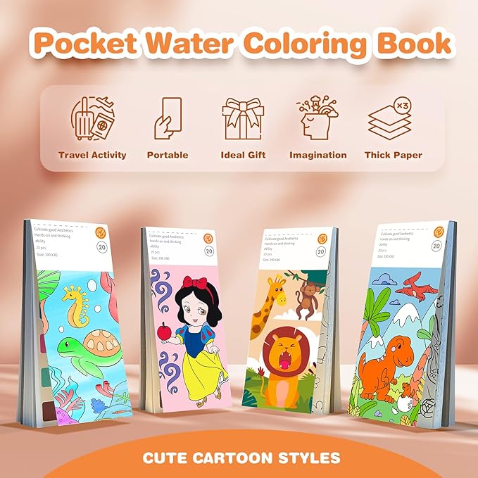 ZHOC Paint with Water Coloring Books for Kids, Pocket Mess Free Watercolor Painting Sets for Kids Ages 3 4 5 6 7 8+, Water Color Paint Set Arts and Crafts Gift for Boys Girls, 4 Pack
