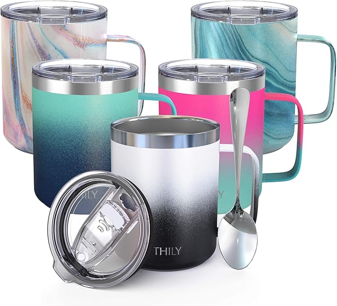 THILY Stainless Steel Insulated Travel Mug 12 oz Vacuum Insulated Coffee Cup with Handle, Spill-proof Lid, Keep Coffee Cold or Hot, Black & White