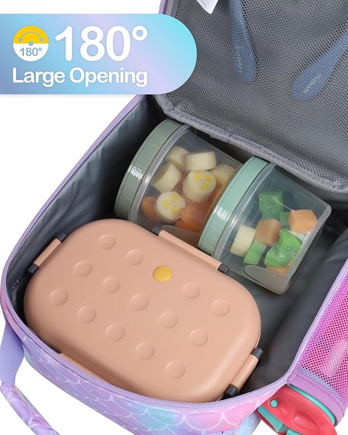 Bagseri Kids Lunch Box for Girls - Insulated Toddler Lunch Bag Fits Bento Box, Reusable Daycare Cooler Tote with Clip Handle, Water-Resistant Lining, Glitter Purple Mermaid