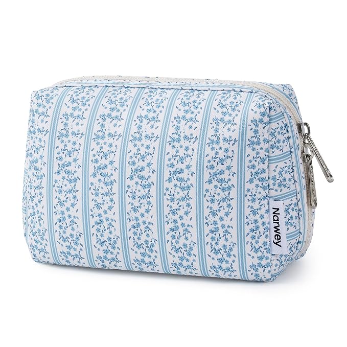 Narwey Small Cute Floral Makeup Bag for Purse Mini Cosmetic Bag Travel Makeup Pouch Zipper Pouch Cute Make up Bags with Compartments for Women Girls (Blue Flower Buds, Small)