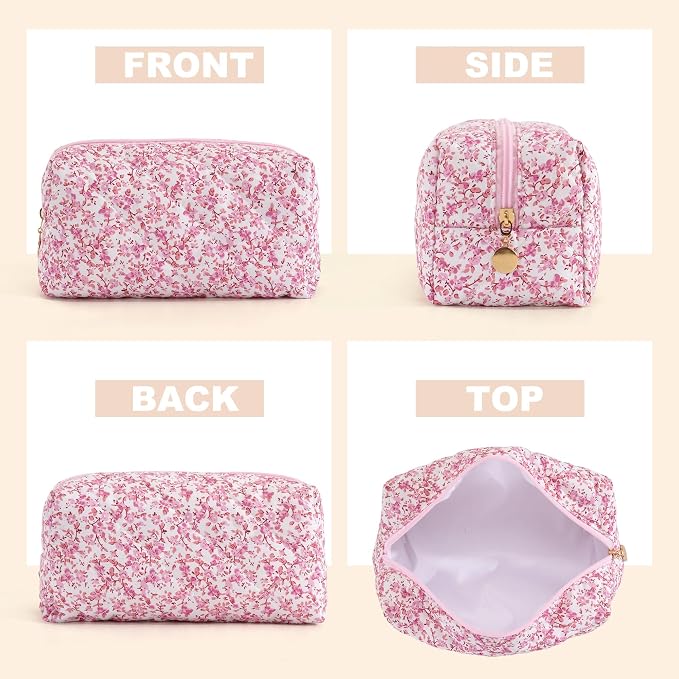 Makeup Bag Travel Toiletry Bag for Women, Small Cosmetic Bags Cute Quilted Cotton Makeup Pouch for Purse Emergency Bag Pencil Case Accessory Bag, Baby Pink