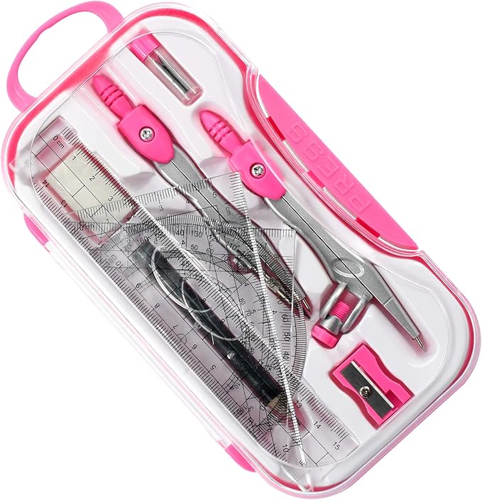 Unjoo Math Geometry Kit Sets 10 Piece Student Supplies with Shatterproof Storage Box,Includes Rulers,Protractor,Compass,Eraser,Pencil Sharpener,Lead Refills,Pencil,for Drafting and Drawings（Pink）