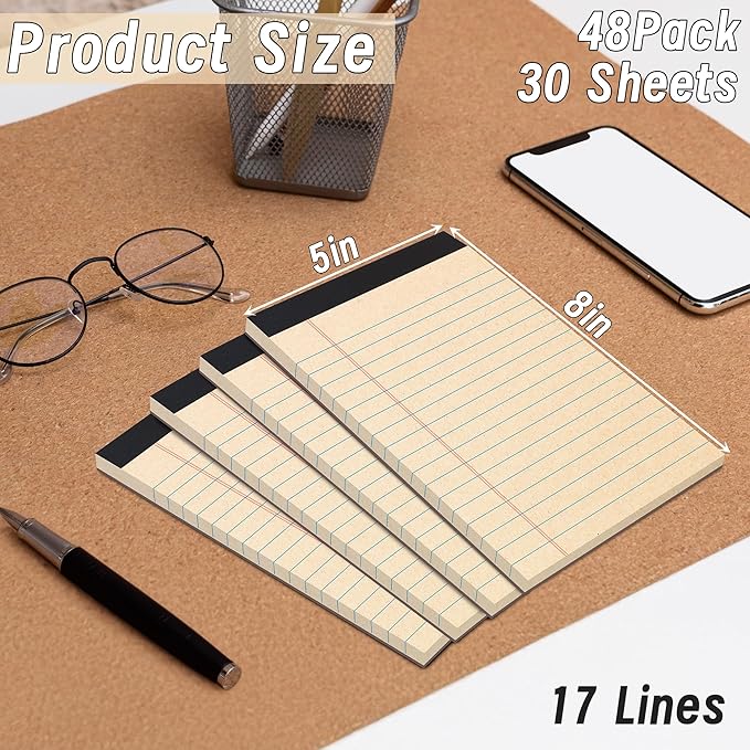 48 Pack Legal Pads 5" x 8" Writing Pad Note Pads for Office, 30 Sheets Recycled Notepad & Memo Pad, Paper Pads College Ruled, Small Notepads for Work, Professional Notepads for Office, Home, School