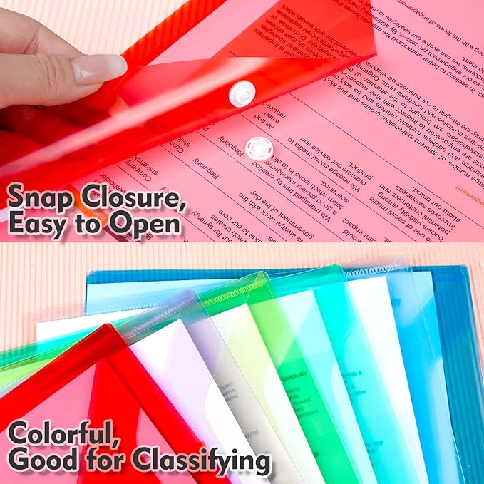 LEOBRO File Folders, 24 PCS Plastic Folders for Documents, A4 Plastic Envelopes with Snap Closure, Letter Size Clear Envelopes Folders, Reusable File Bags, Document Holder