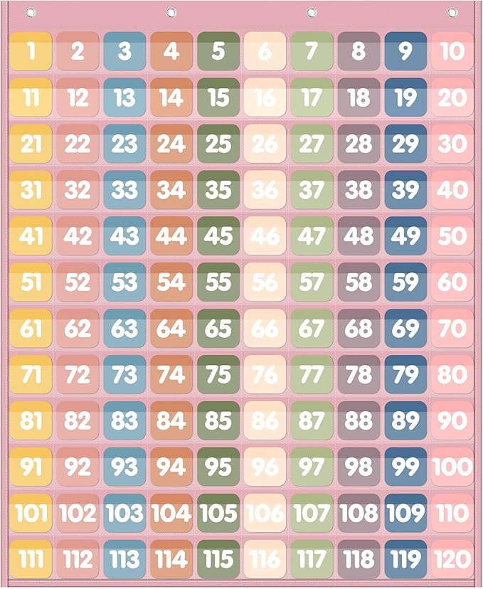 Yoink 120 Pockets Number Chart with 135 Double-Sided Number Cards, Boho Hundred Pocket Chart for Classroom Homeschool Teachers Kids Learning, Pink