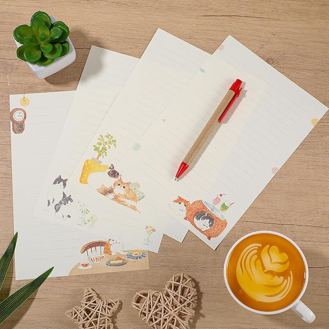 36 pcs Cat Stationery Paper and Envelopes Set, Warm Cute Cat Themed, Cute Letter Papers for Invitations Gift Decorations Holiday Party (24 Lined Stationery Paper with 12 Envelops)