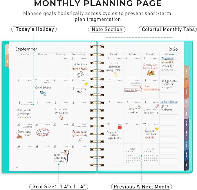 RETTACY Academic Planner 2026-2027, Weekly and Monthly, July 2026 - June 2027, Medium Size (5.7" x 8.3"), Calendar, Agenda, 12-Month Tabs, for Student, Teacher, School (Tiffani Blue)